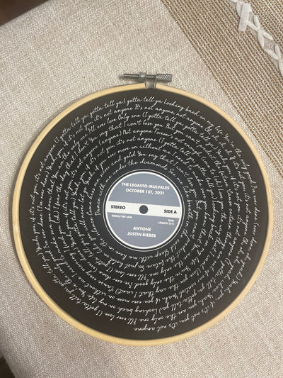 Customer photo — Personalised Song Lyrics Vinyl Record Cotton Canvas Circular Frame