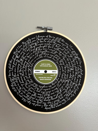 Customer photo — Personalised Song Lyrics Vinyl Record Cotton Canvas Circular Frame