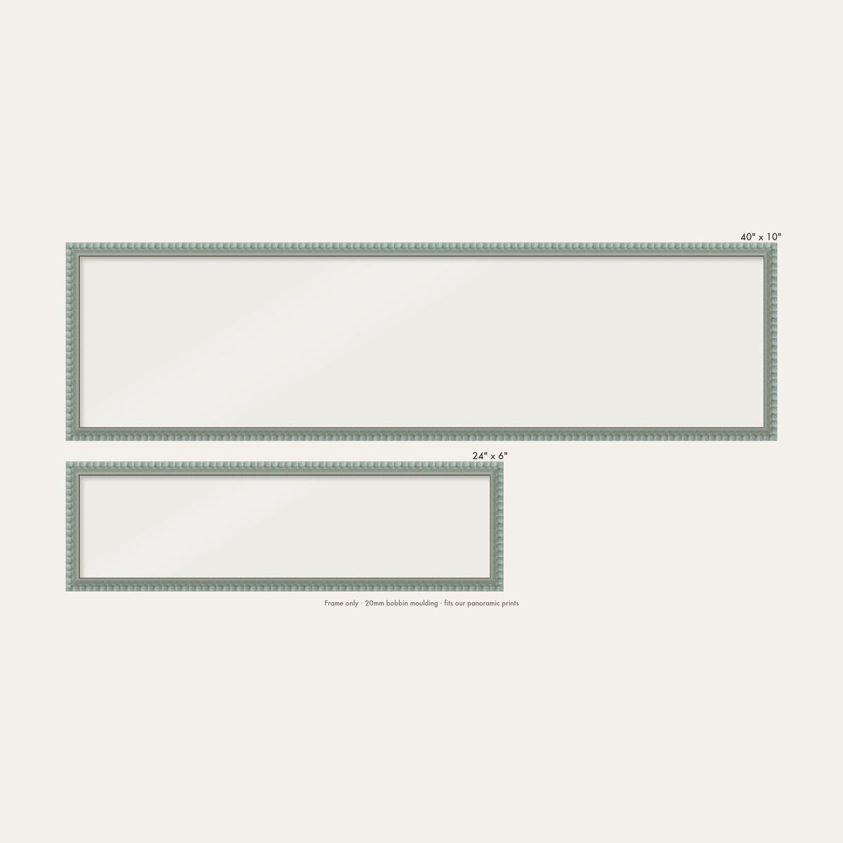 Pale Grey bobbin panoramic frame shown in both sizes, 24" x 6" and 40" x 10"