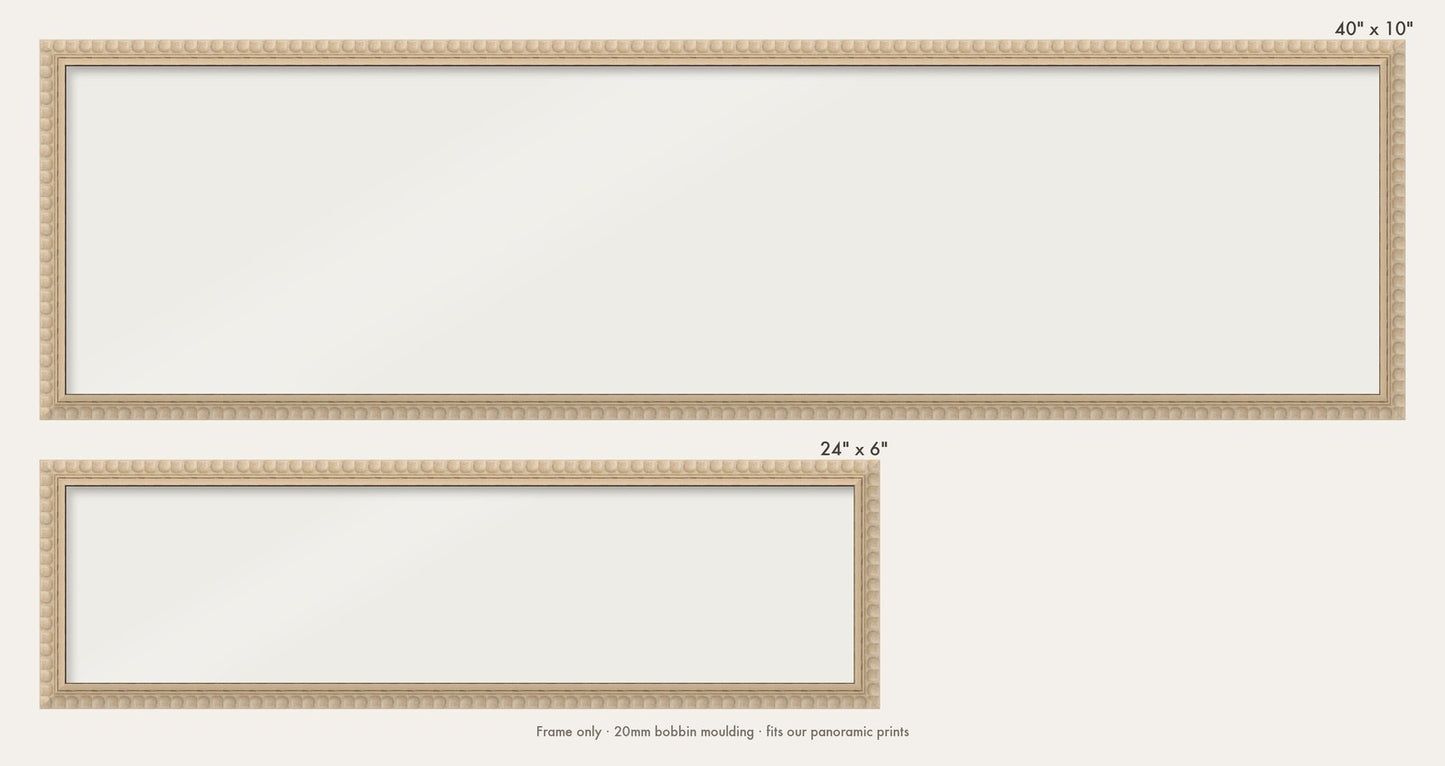 Cream bobbin panoramic frame shown in both sizes, 24" x 6" and 40" x 10"