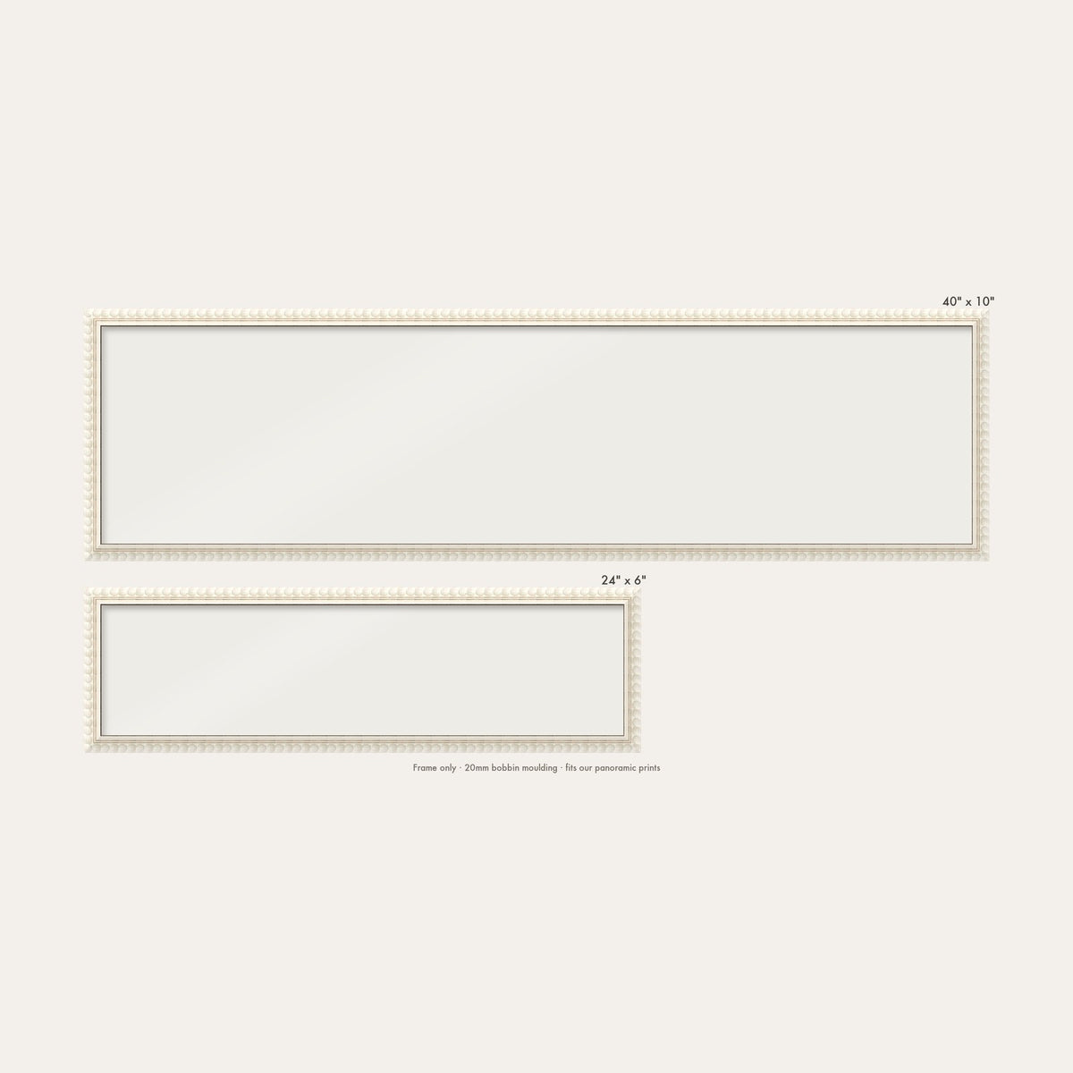 White bobbin panoramic frame shown in both sizes, 24" x 6" and 40" x 10"