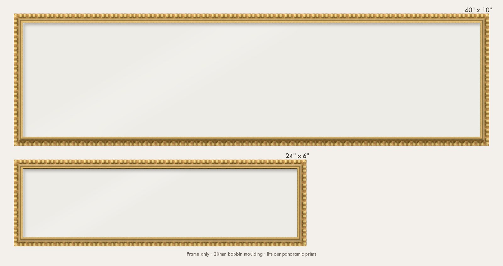 Gold bobbin panoramic frame shown in both sizes, 24" x 6" and 40" x 10"