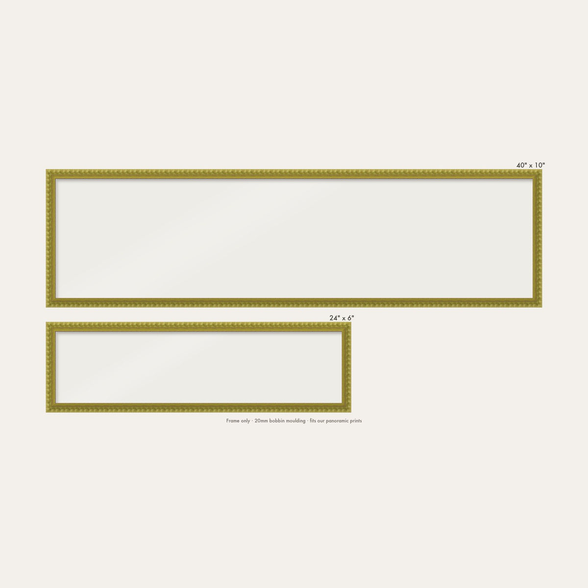 Green bobbin panoramic frame shown in both sizes, 24" x 6" and 40" x 10"