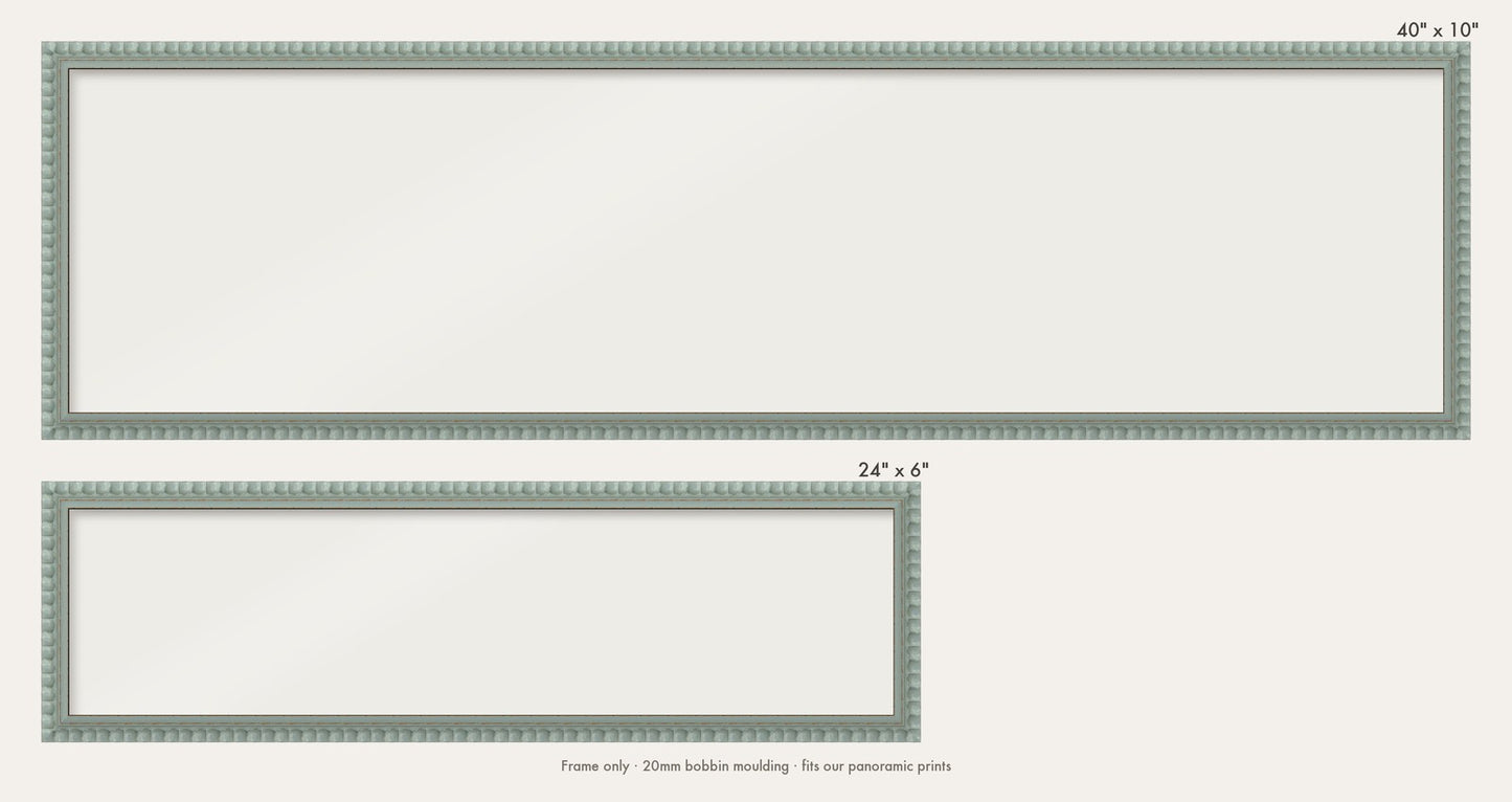 Pale Grey bobbin panoramic frame shown in both sizes, 24" x 6" and 40" x 10"