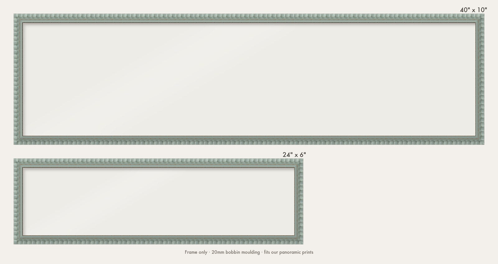 Pale Grey bobbin panoramic frame shown in both sizes, 24" x 6" and 40" x 10"