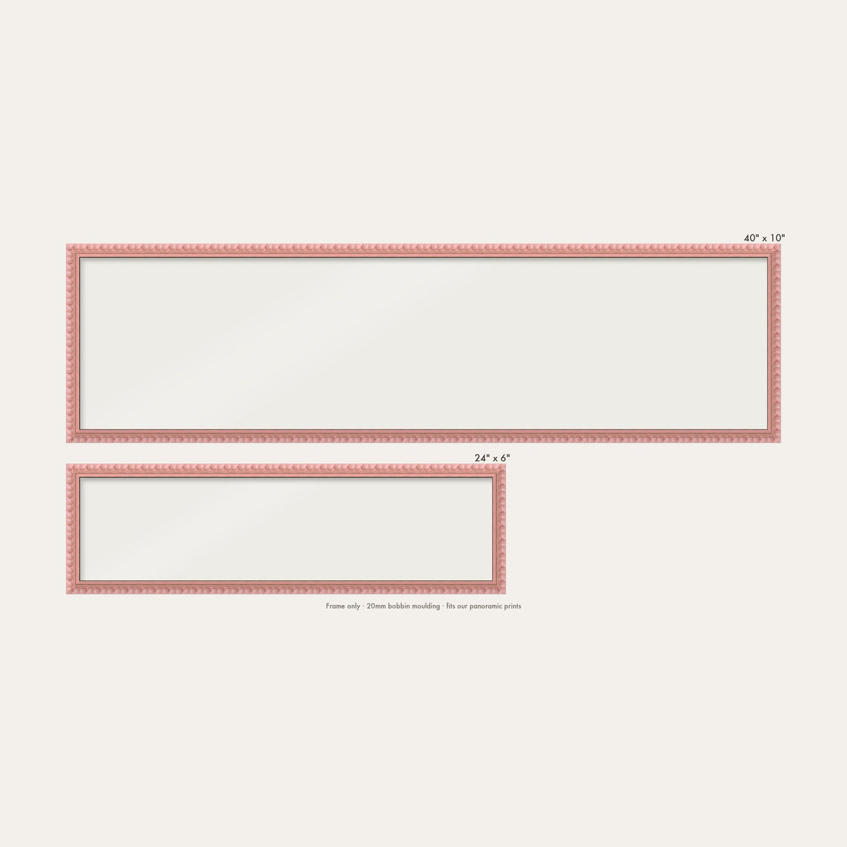 Pink bobbin panoramic frame shown in both sizes, 24" x 6" and 40" x 10"