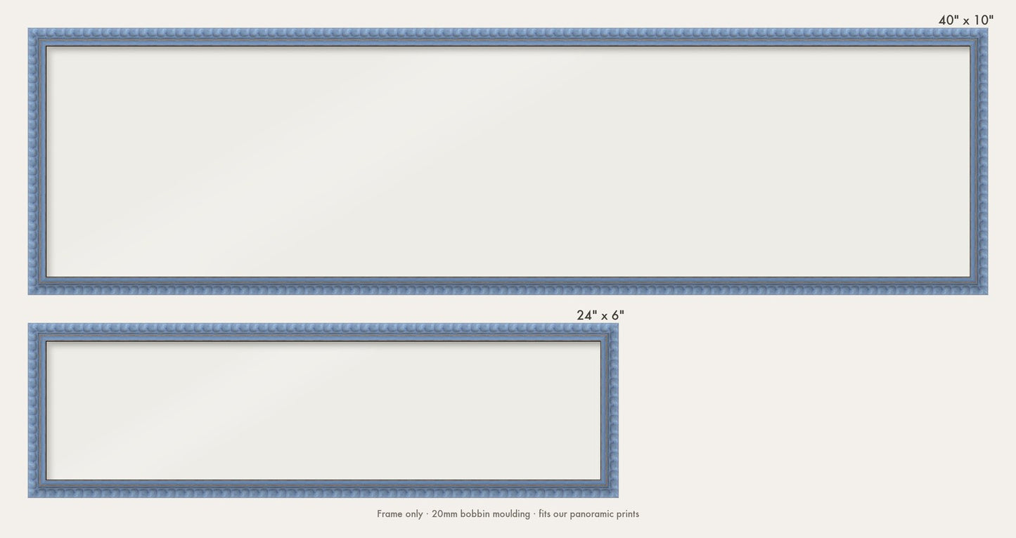 Sky Blue bobbin panoramic frame shown in both sizes, 24" x 6" and 40" x 10"
