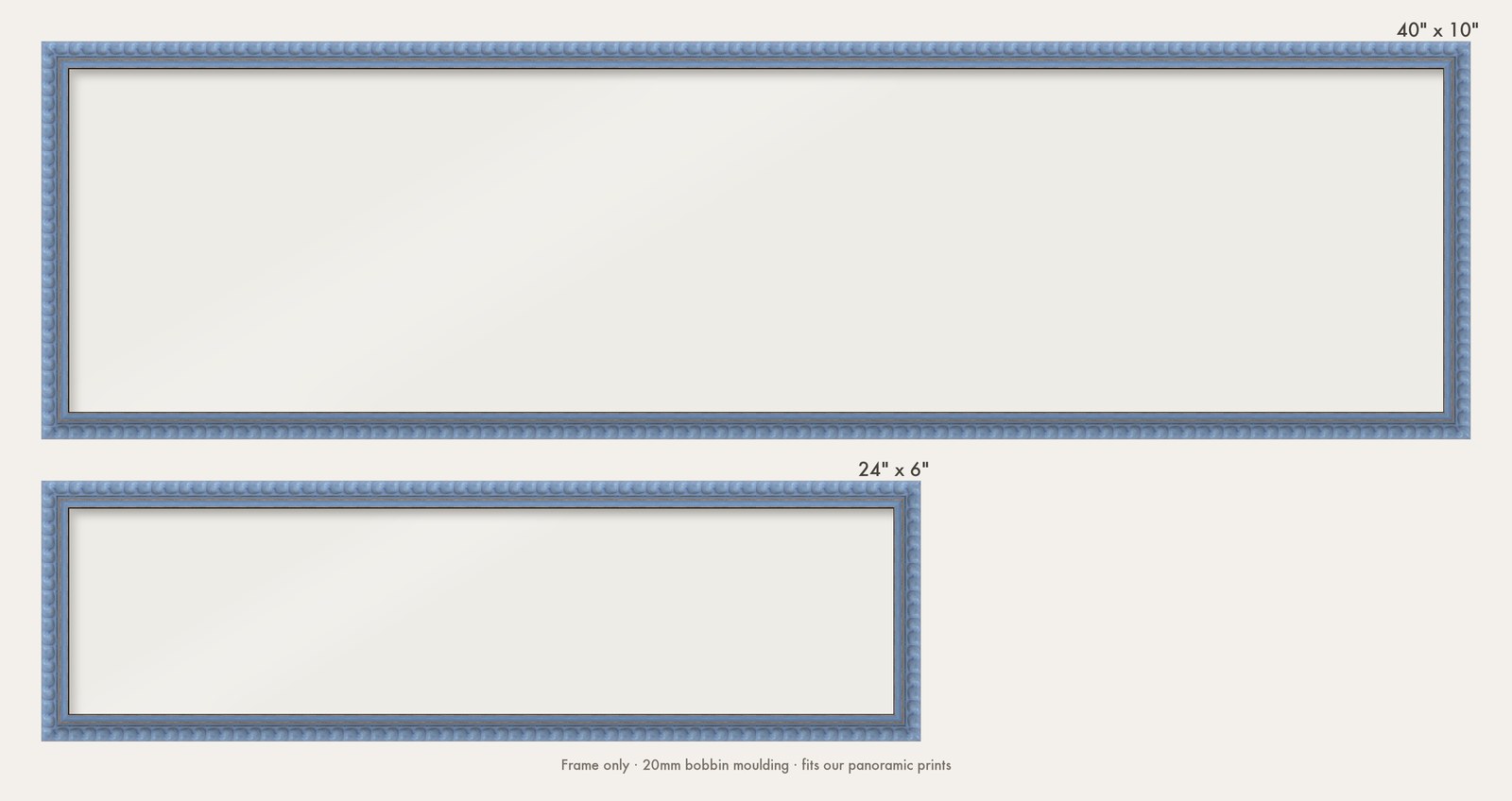Sky Blue bobbin panoramic frame shown in both sizes, 24" x 6" and 40" x 10"