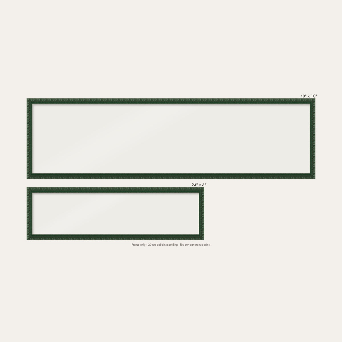 Dark Green bobbin panoramic frame shown in both sizes, 24" x 6" and 40" x 10"