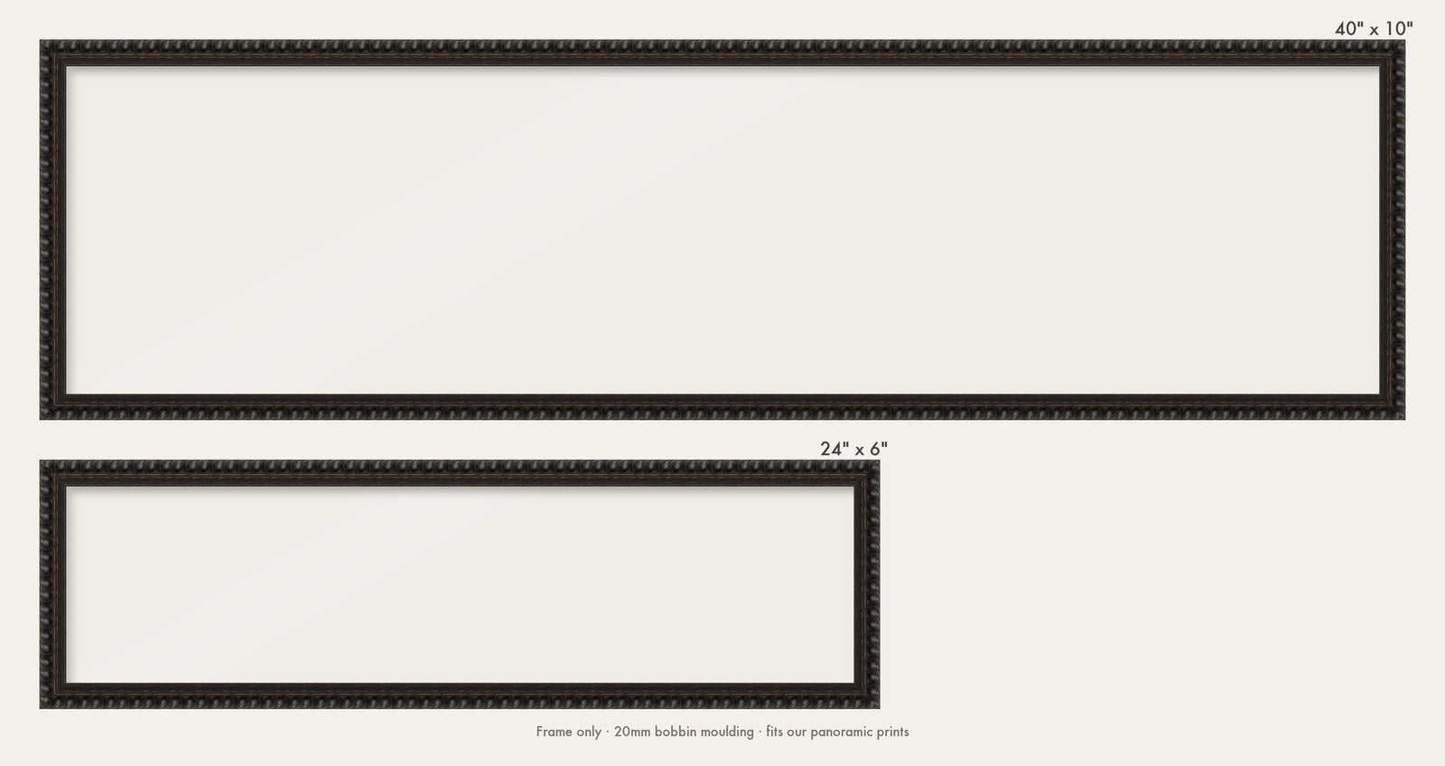 Black bobbin panoramic frame shown in both sizes, 24" x 6" and 40" x 10"