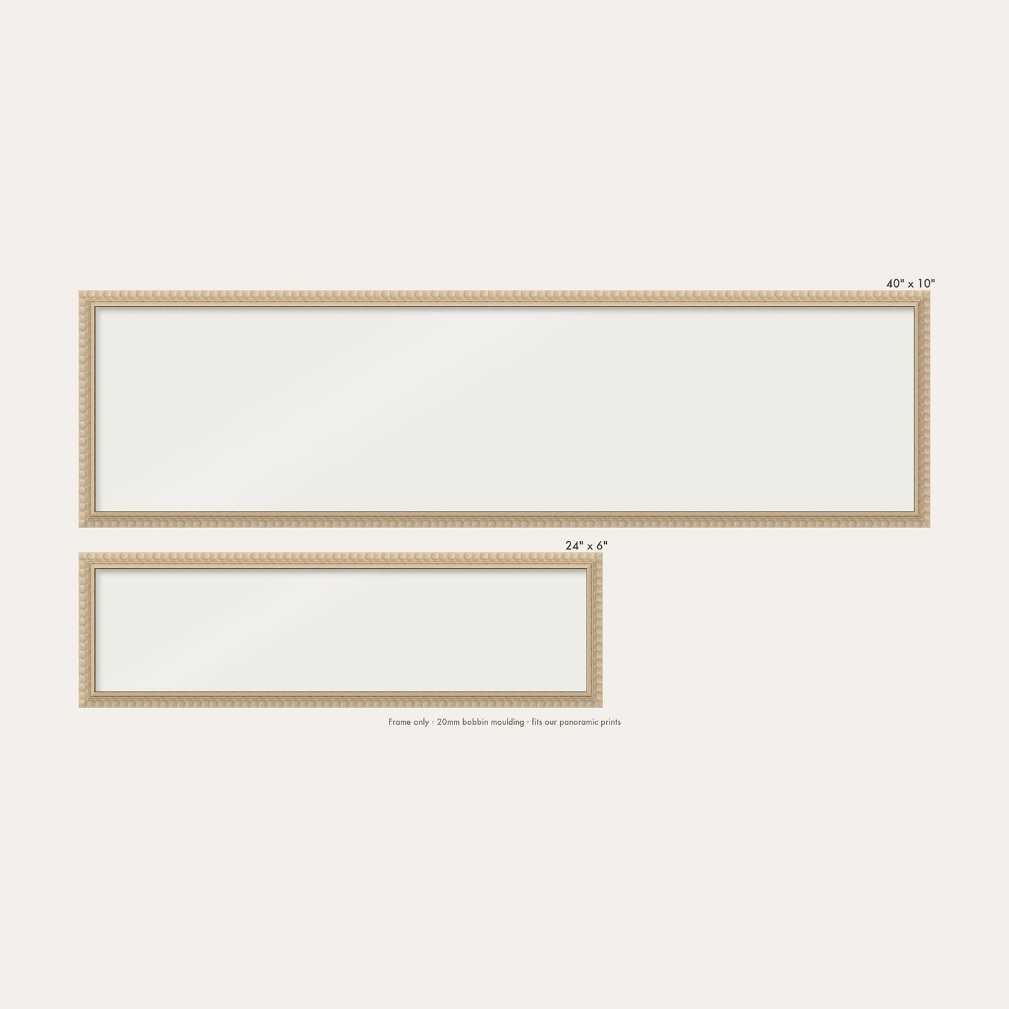 Cream bobbin panoramic frame shown in both sizes, 24" x 6" and 40" x 10"