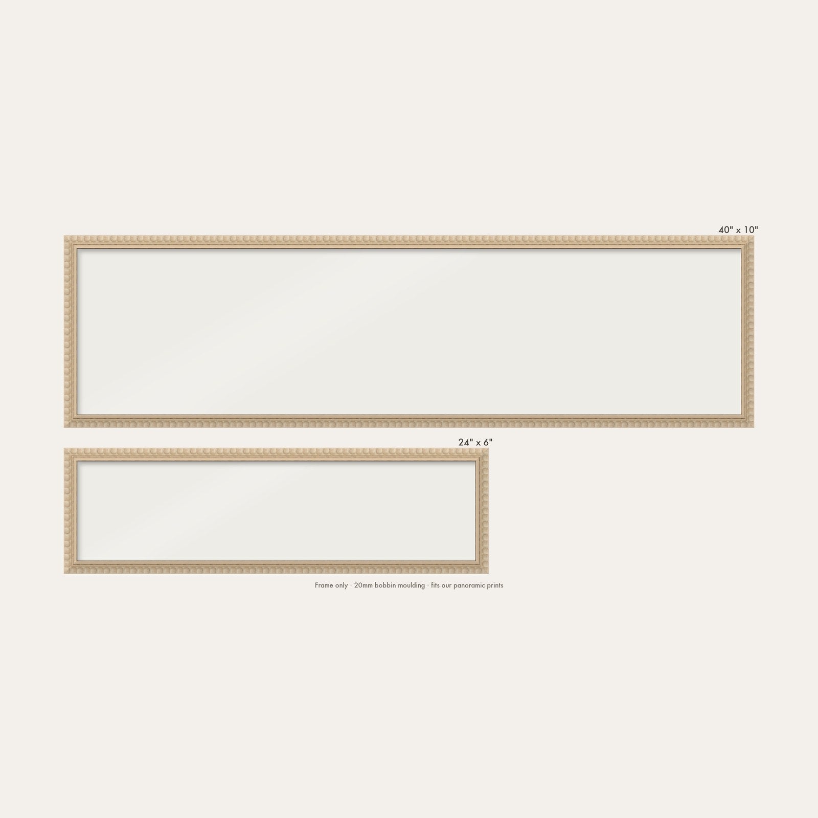 Cream bobbin panoramic frame shown in both sizes, 24" x 6" and 40" x 10"