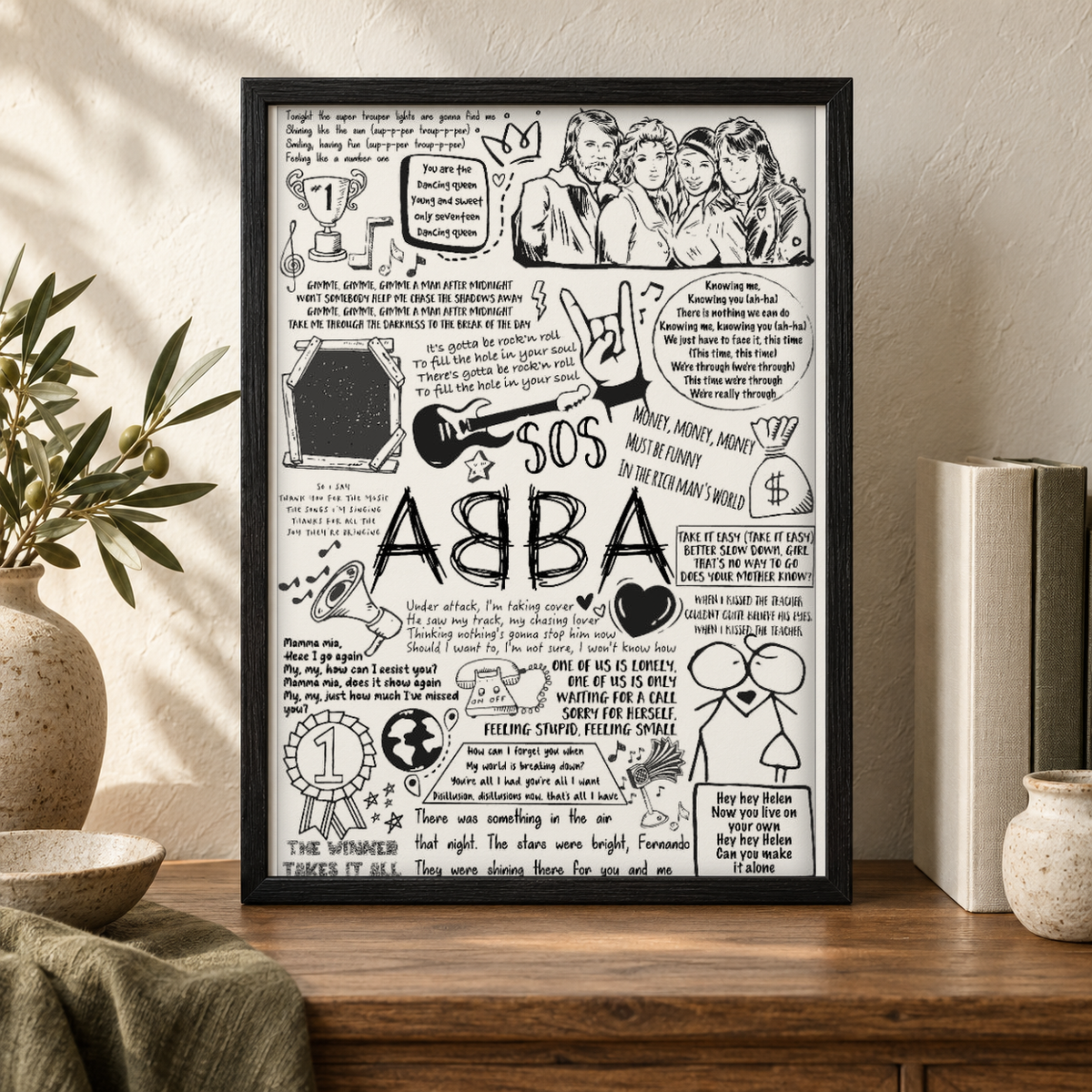 Abba Song Lyric Album Print — close lifestyle view, black oak frame