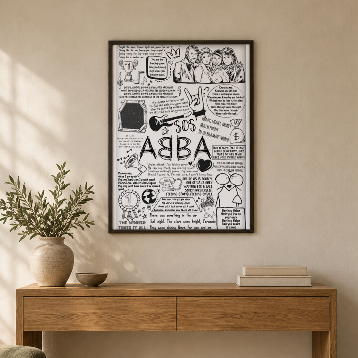 Abba Song Lyric Album Print — wider room setting, black oak frame