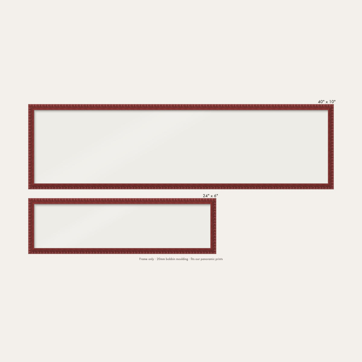 Dark Red bobbin panoramic frame shown in both sizes, 24" x 6" and 40" x 10"