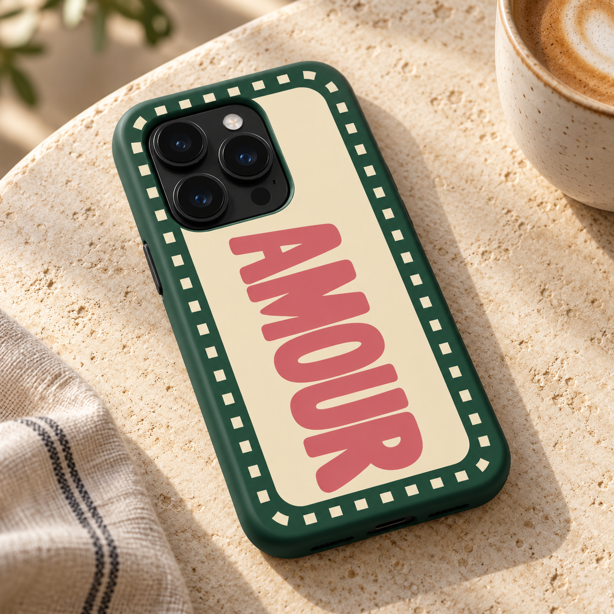 Amour Original Protective Case, matte, on iPhone 15 Pro in an illustrative lifestyle setting.
