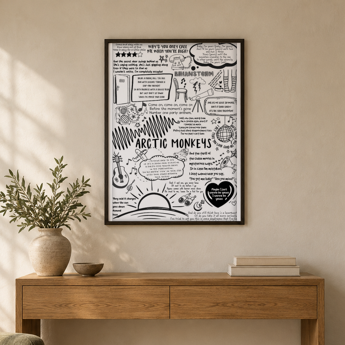 Arctic Monkeys Song Lyric Album Print — wider room setting, black oak frame