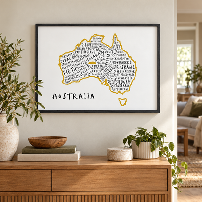 Australia Typography Map Print — wider room setting, black oak frame