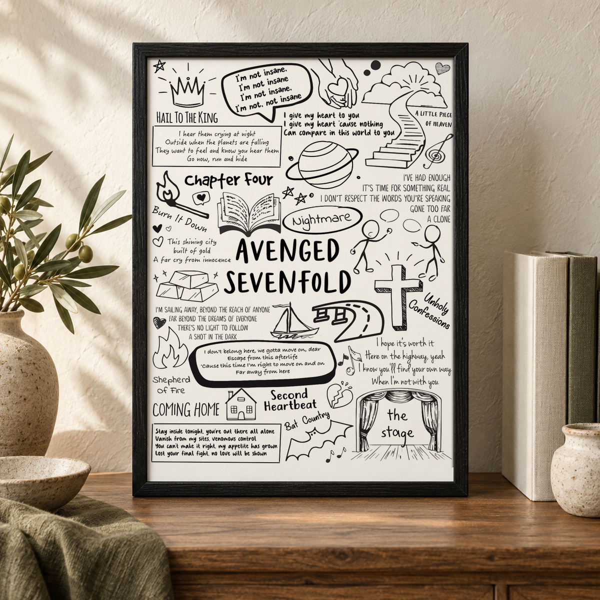 Avenged Sevenfold Lyric Album Print — close lifestyle view, black oak frame
