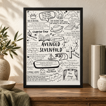 Avenged Sevenfold Lyric Album Print — close lifestyle view, black oak frame