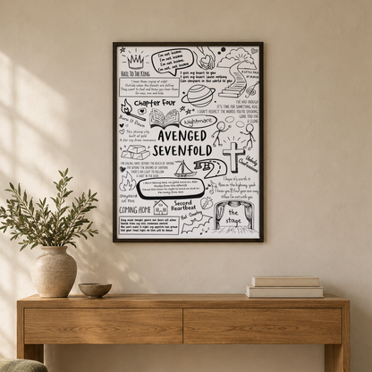 Avenged Sevenfold Lyric Album Print — wider room setting, black oak frame