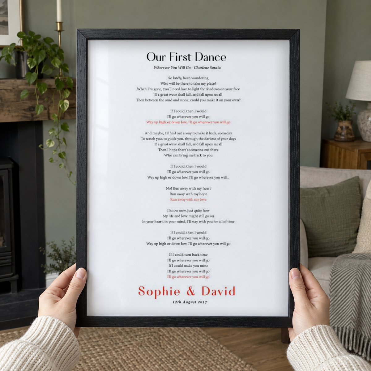 Personalized First Dance Song Wedding Lyrics Print in a room setting