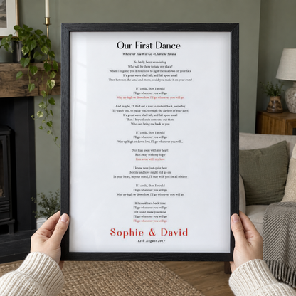 Personalized First Dance Song Wedding Lyrics Print in a room setting