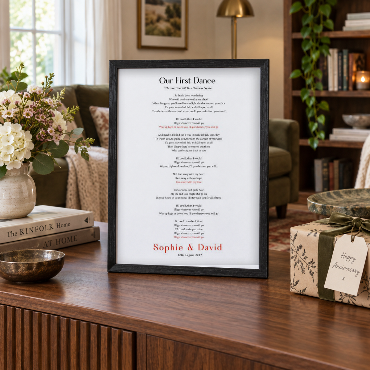 Personalized First Dance Song Wedding Lyrics Print in a room setting