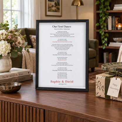 Personalized First Dance Song Wedding Lyrics Print in a room setting