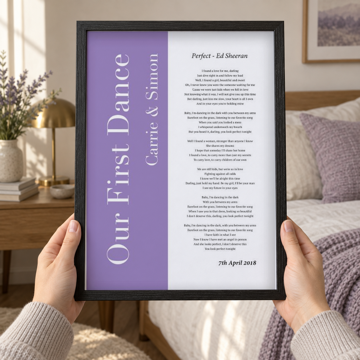 Personalized First Dance Wedding Song Lyrics Music Print in a room setting