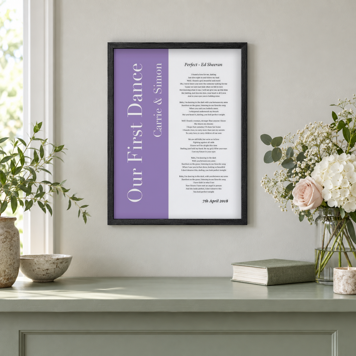 Personalized First Dance Wedding Song Lyrics Music Print in a room setting