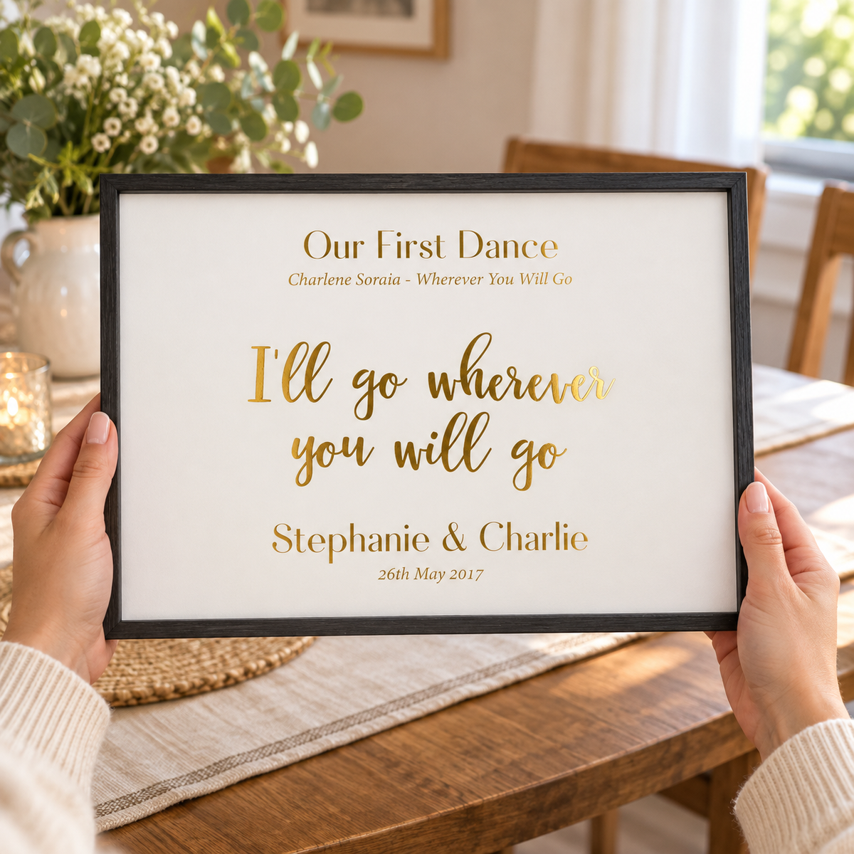 Personalized Gold Foil Wedding Song Lyric Quote Print in a room setting