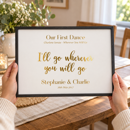 Personalized Gold Foil Wedding Song Lyric Quote Print in a room setting