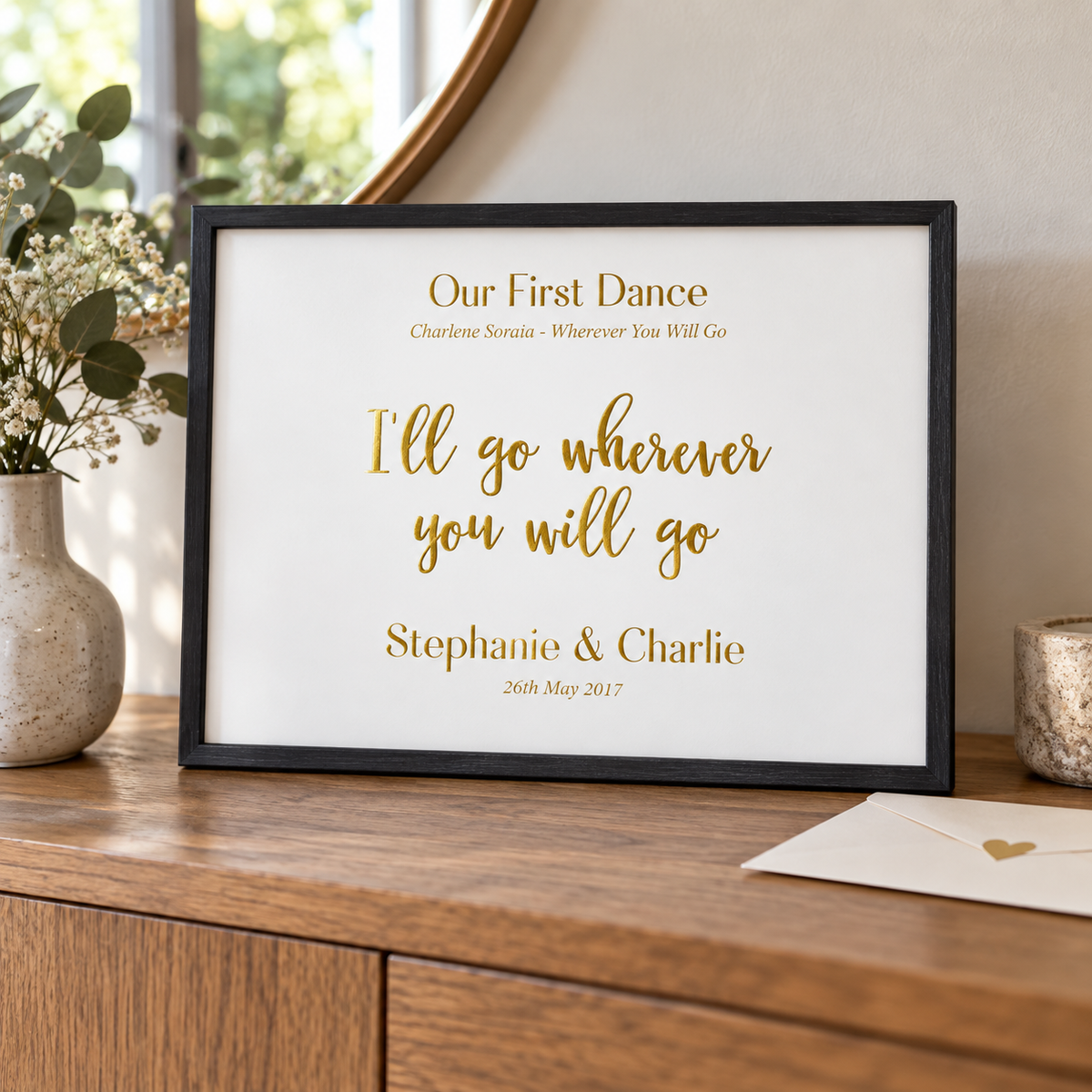 Personalized Gold Foil Wedding Song Lyric Quote Print in a room setting