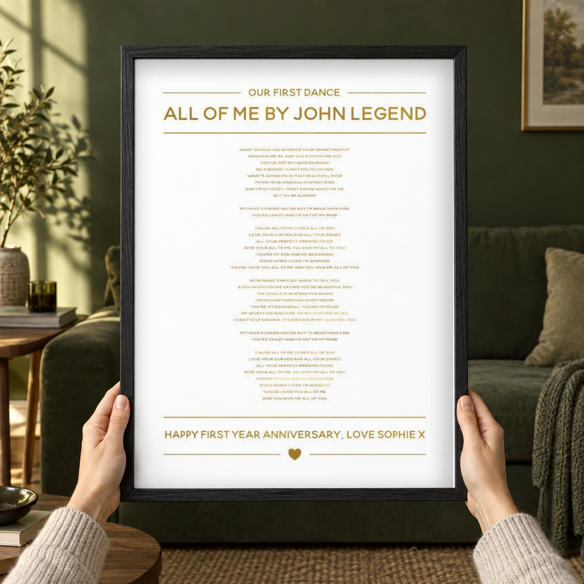 Personalized Gold Foil Wedding Song Lyrics Print in a room setting