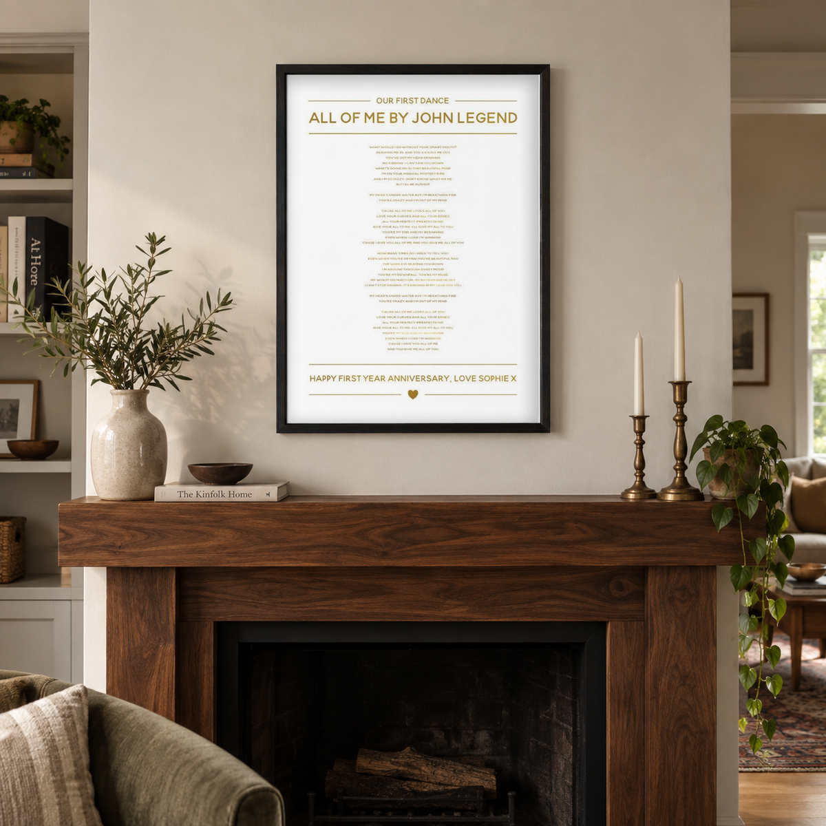 Personalized Gold Foil Wedding Song Lyrics Print in a room setting
