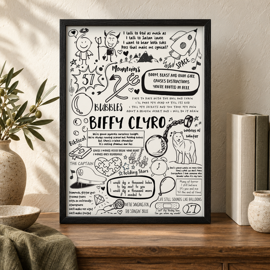 Biffy Clyro Song Lyric Album Print — close lifestyle view, black oak frame