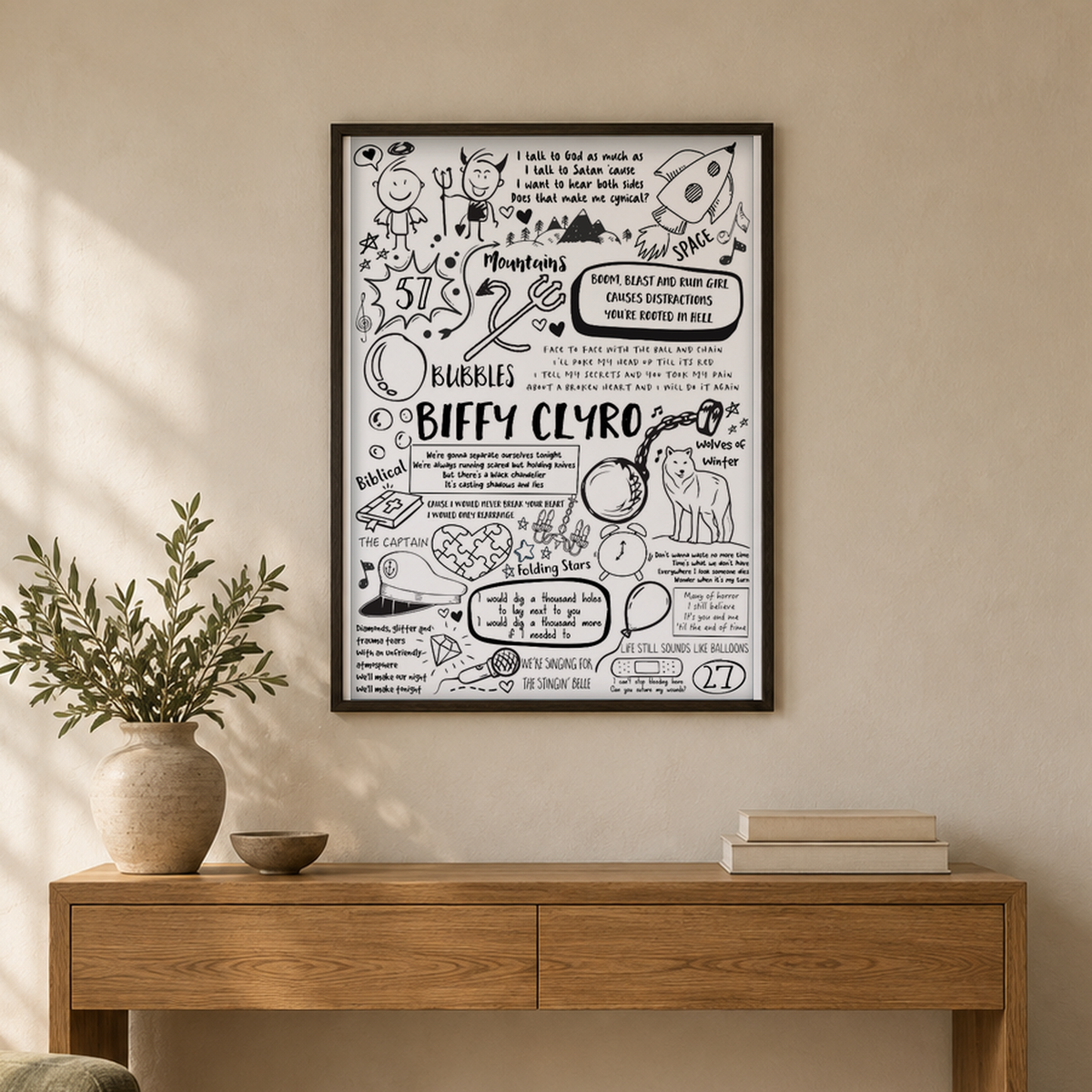 Biffy Clyro Song Lyric Album Print — wider room setting, black oak frame