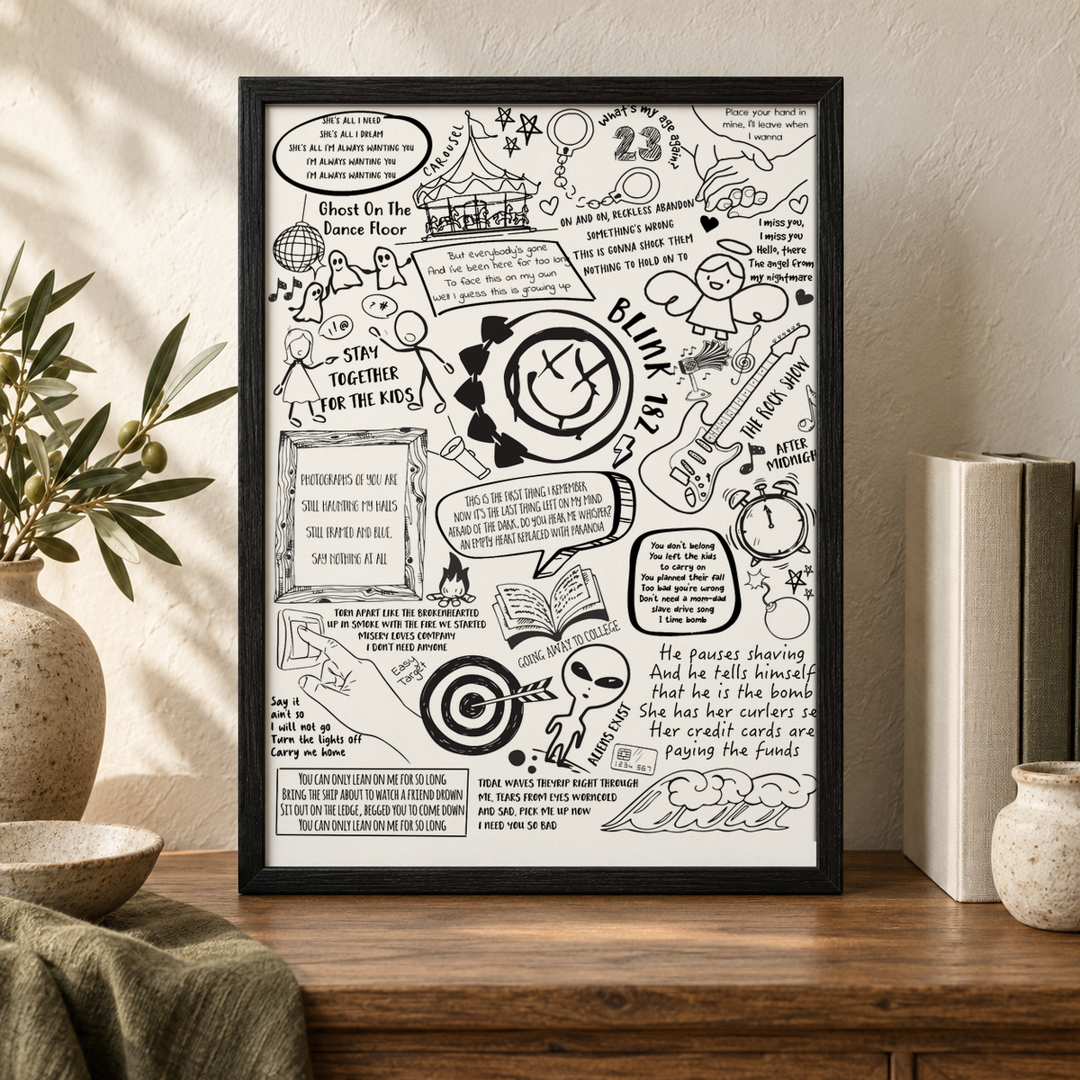 Blink 182 Lyric Album Print — close lifestyle view, black oak frame