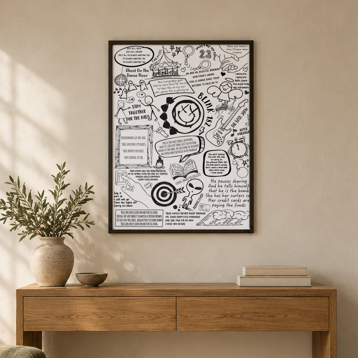Blink 182 Lyric Album Print — wider room setting, black oak frame