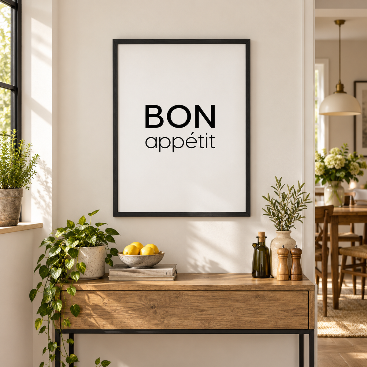 Bon Appetit Print — wider room setting, black oak frame