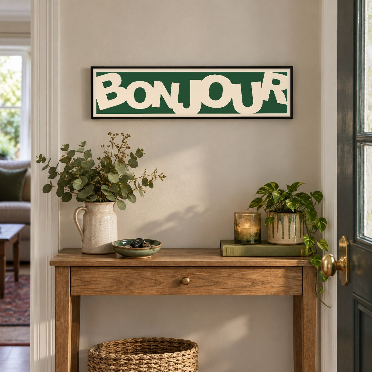 Bonjour Retro panoramic print in a black frame in a room setting
