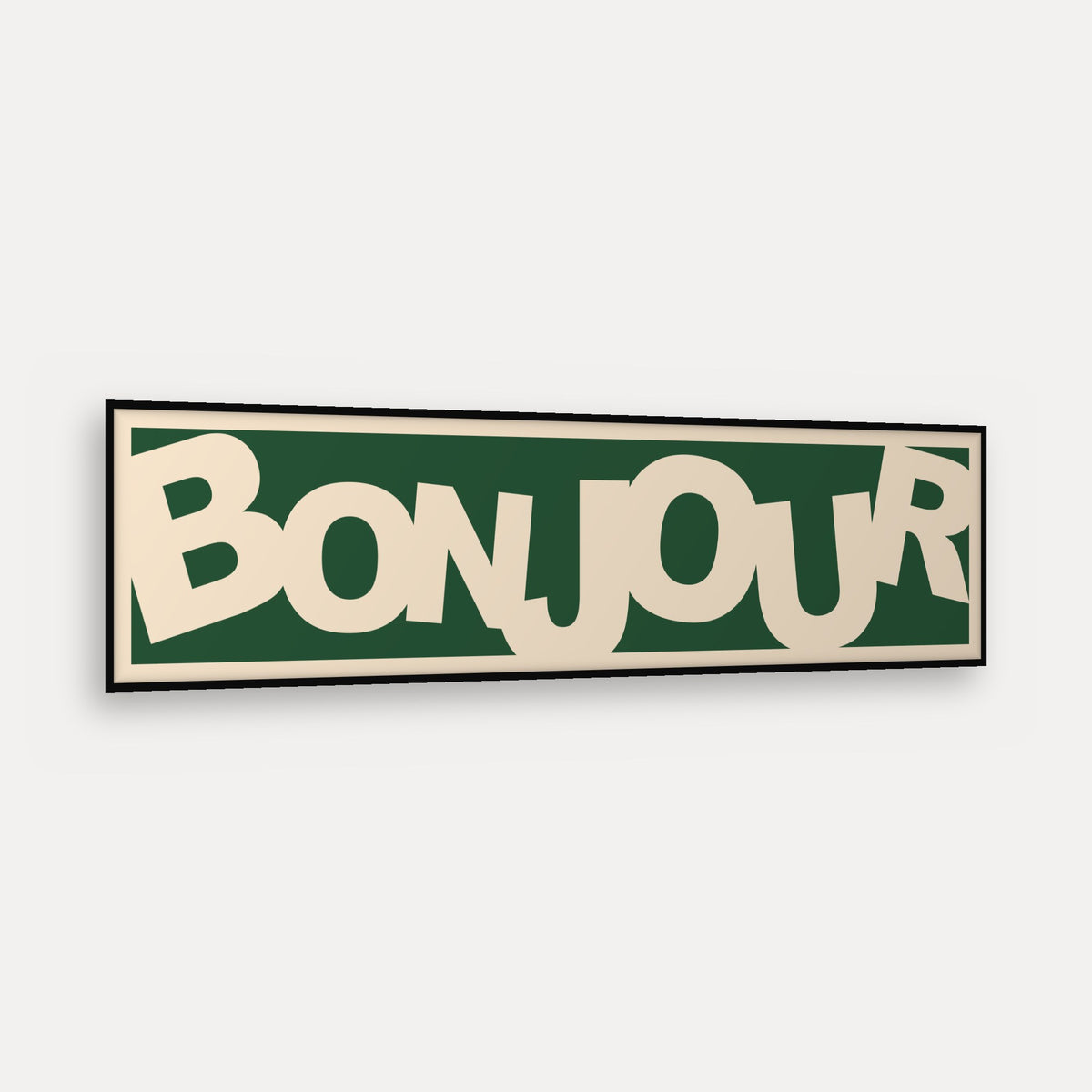 Bonjour Retro panoramic print in a matt black frame, angled view