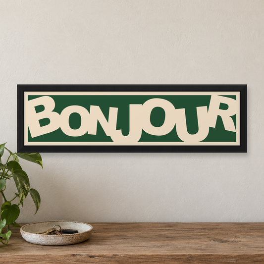 Bonjour Retro Panoramic Print — close lifestyle view, matt black wood