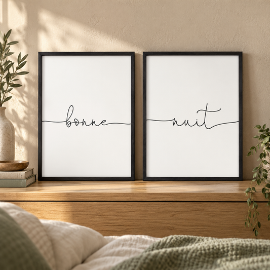 Bonne Nuit - Set Of 2 Prints — close lifestyle view, black oak frame
