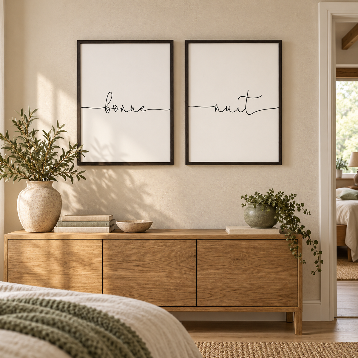 Bonne Nuit - Set Of 2 Prints — wider room setting, black oak frame
