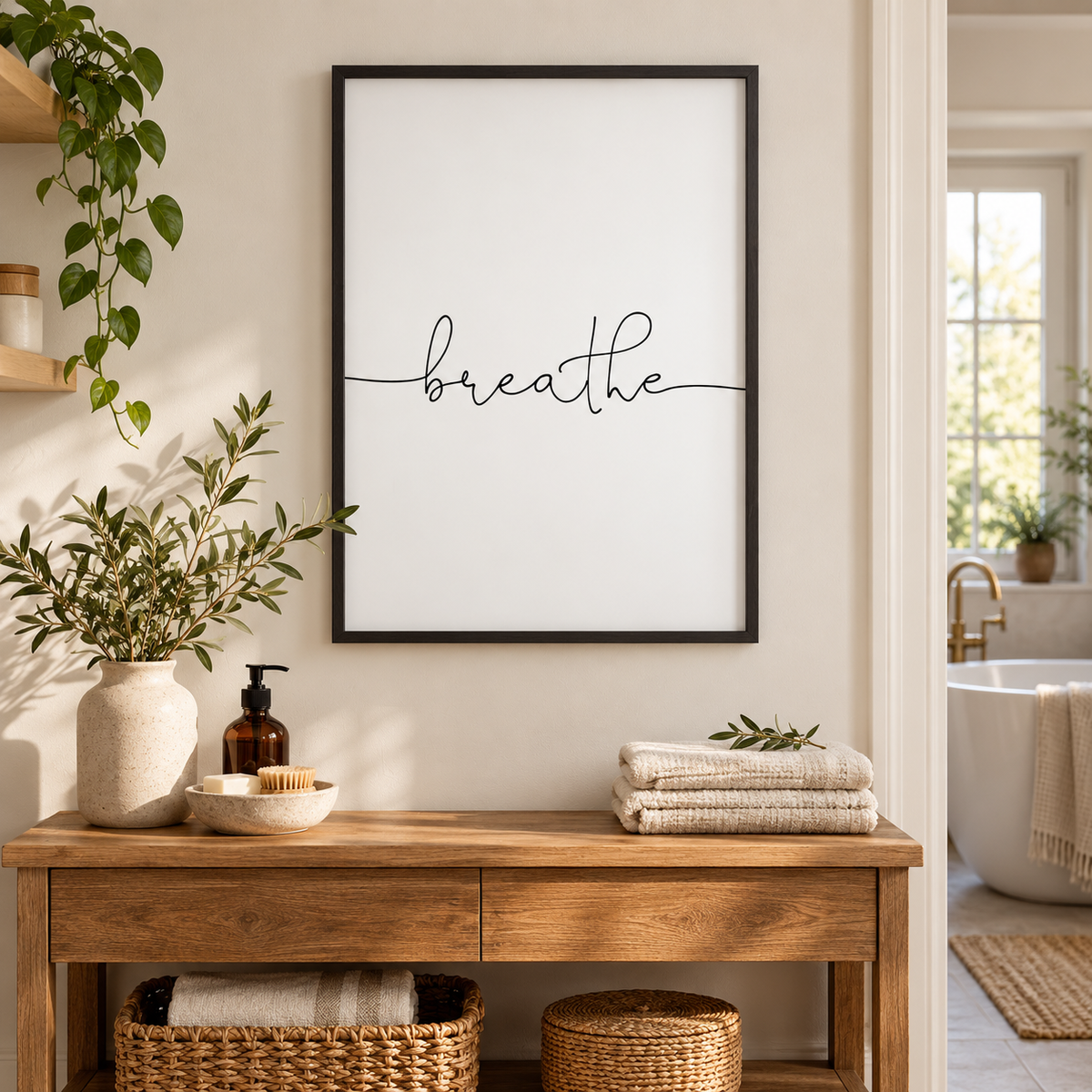 Breathe Print — wider room setting, black oak frame