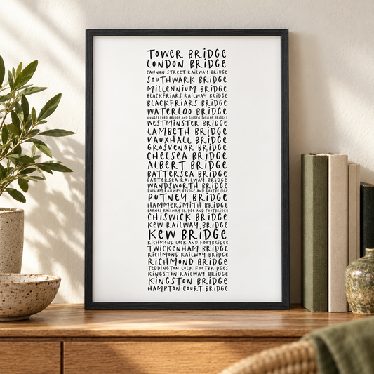 Bridges Of London Typography Print — close lifestyle view, black oak frame
