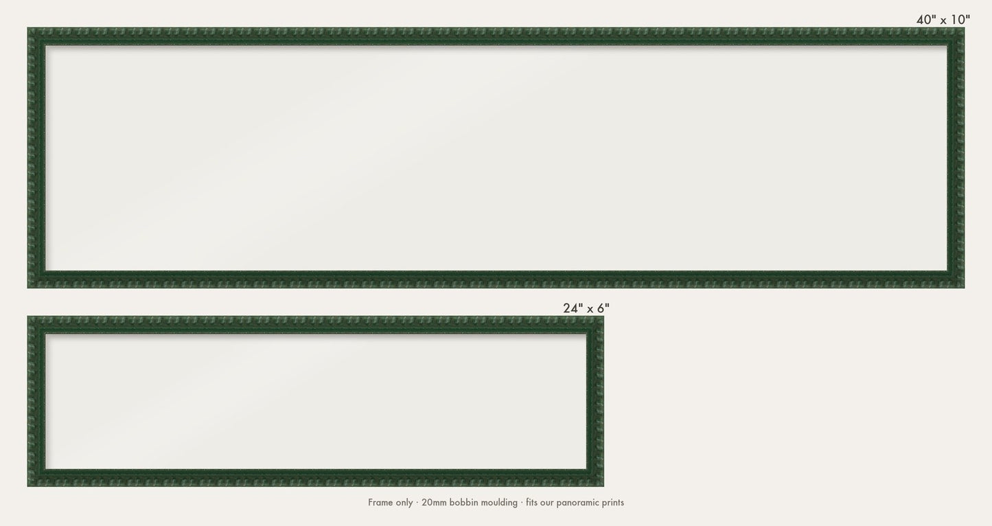 Dark Green bobbin panoramic frame shown in both sizes, 24" x 6" and 40" x 10"