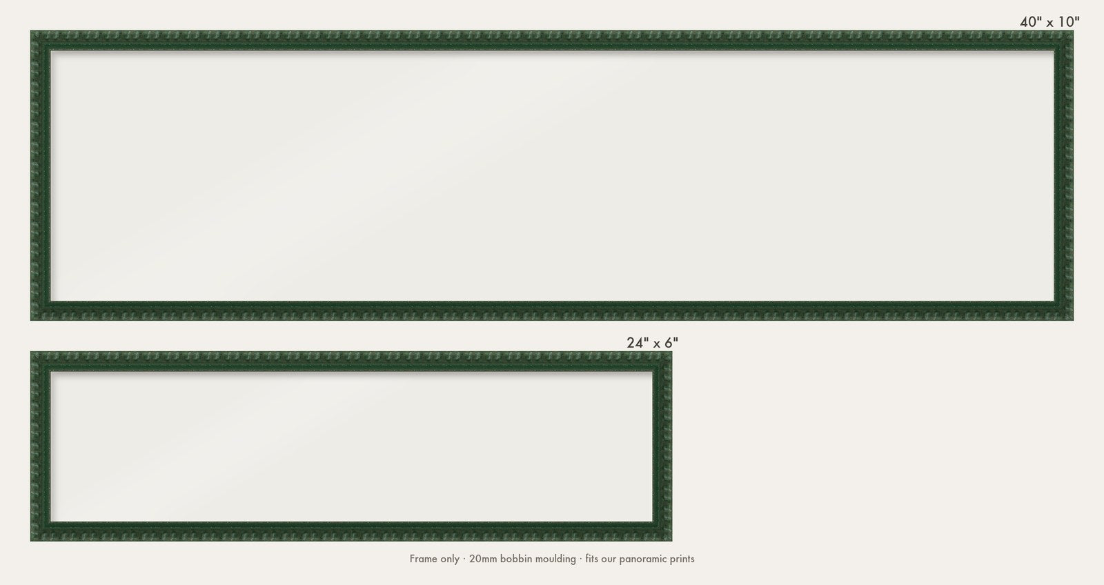 Dark Green bobbin panoramic frame shown in both sizes, 24" x 6" and 40" x 10"
